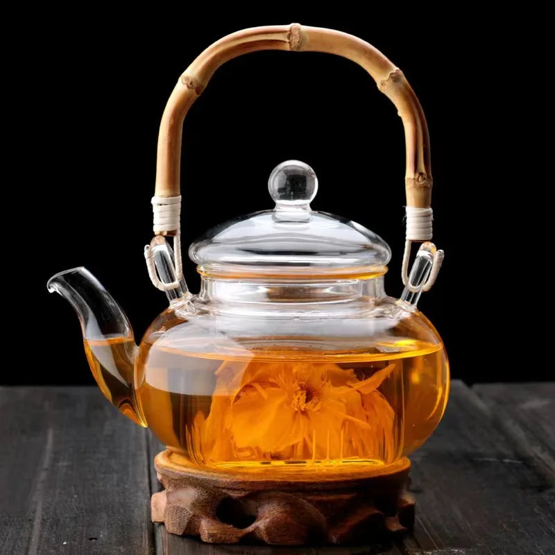 High Borosilicate Glass Handmade Bamboo Handle Heat Resistant Teapot With Glass Strainer 600ml