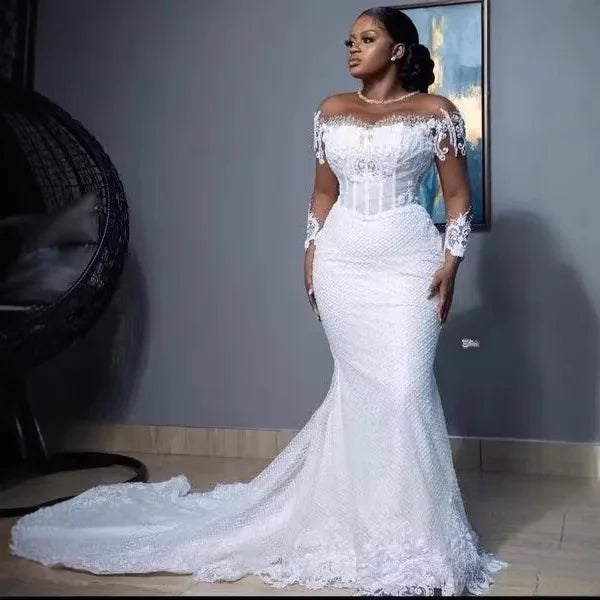 Drop Ship 2024 Mermaid Wedding Dress With Long Sleeves Pearls Tulle Lace Bridal Gown Sweep Train Vestido De Novia