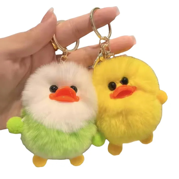 New Mini Little Duck Keychain for Women Girls Fluffy Fur Ball 3D Cartoon Animal Key Chains Rings Keyring Holder Charm Bag Gif