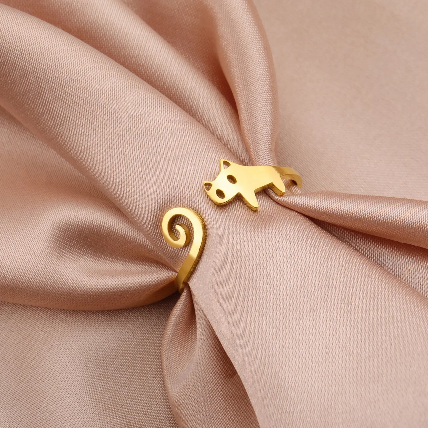 Cute Long Tail Kitten Cat Ring Fashion Lovely Animal Adjustable Open Rings Stainless Steel Jewelry Gift for Women Girl
