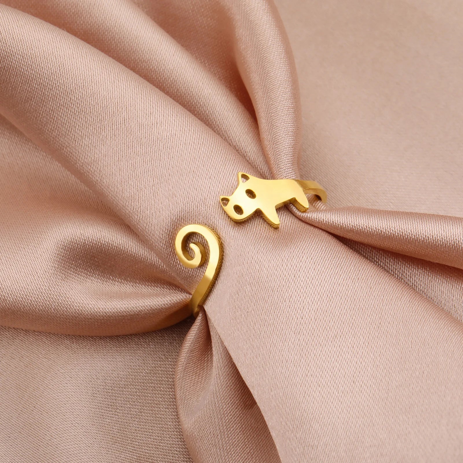 Cute Long Tail Kitten Cat Ring Fashion Lovely Animal Adjustable Open Rings Stainless Steel Jewelry Gift for Women Girl