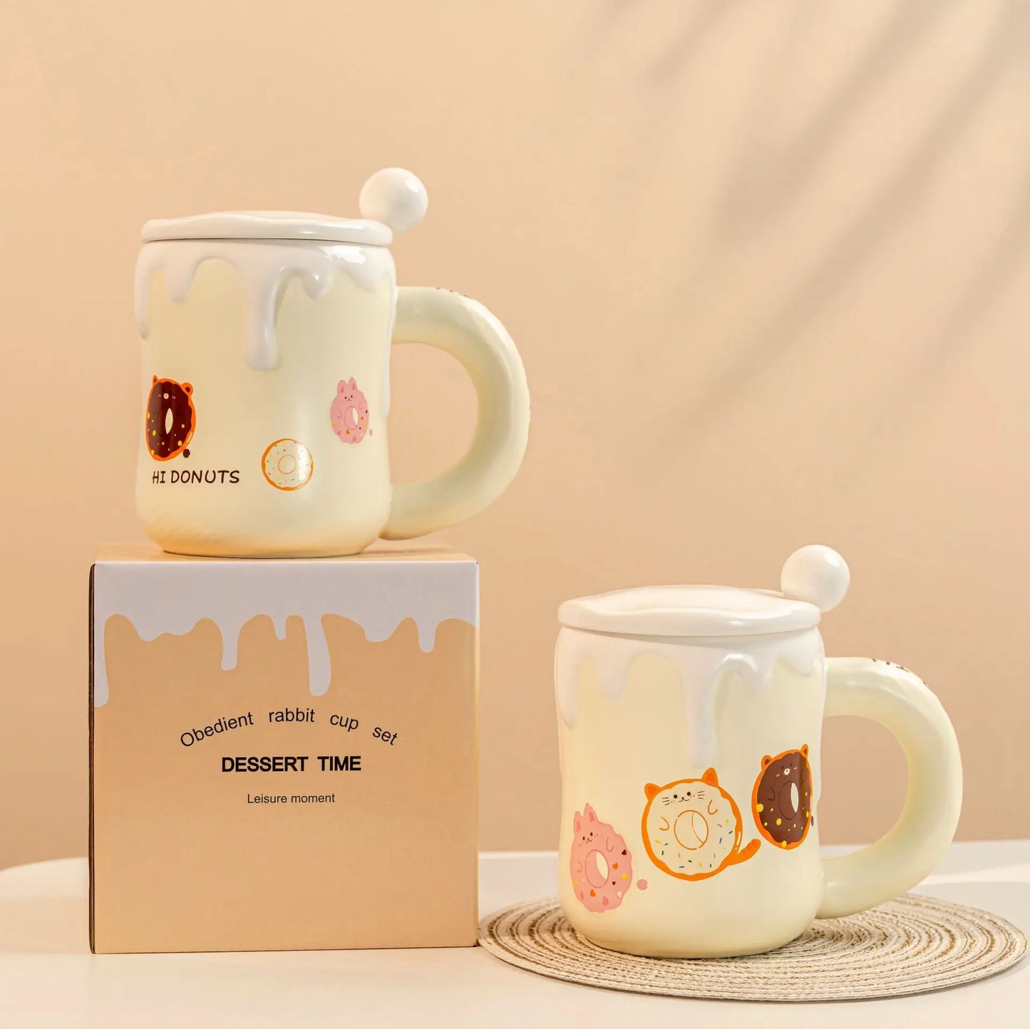Cream Cartoon Relief Mug with Lid Spoon Creative High Temperature Resistant Ceramic Water Cup
