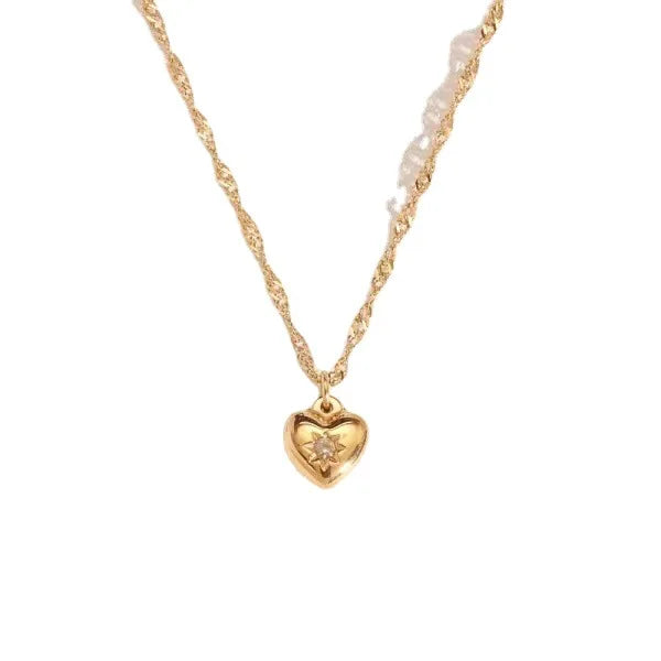 Women Jewelry Stainless Steel Love Heart Pendant Water Wave Chain Necklace Cubic Zircon Eight Pointed Star Necklaces
