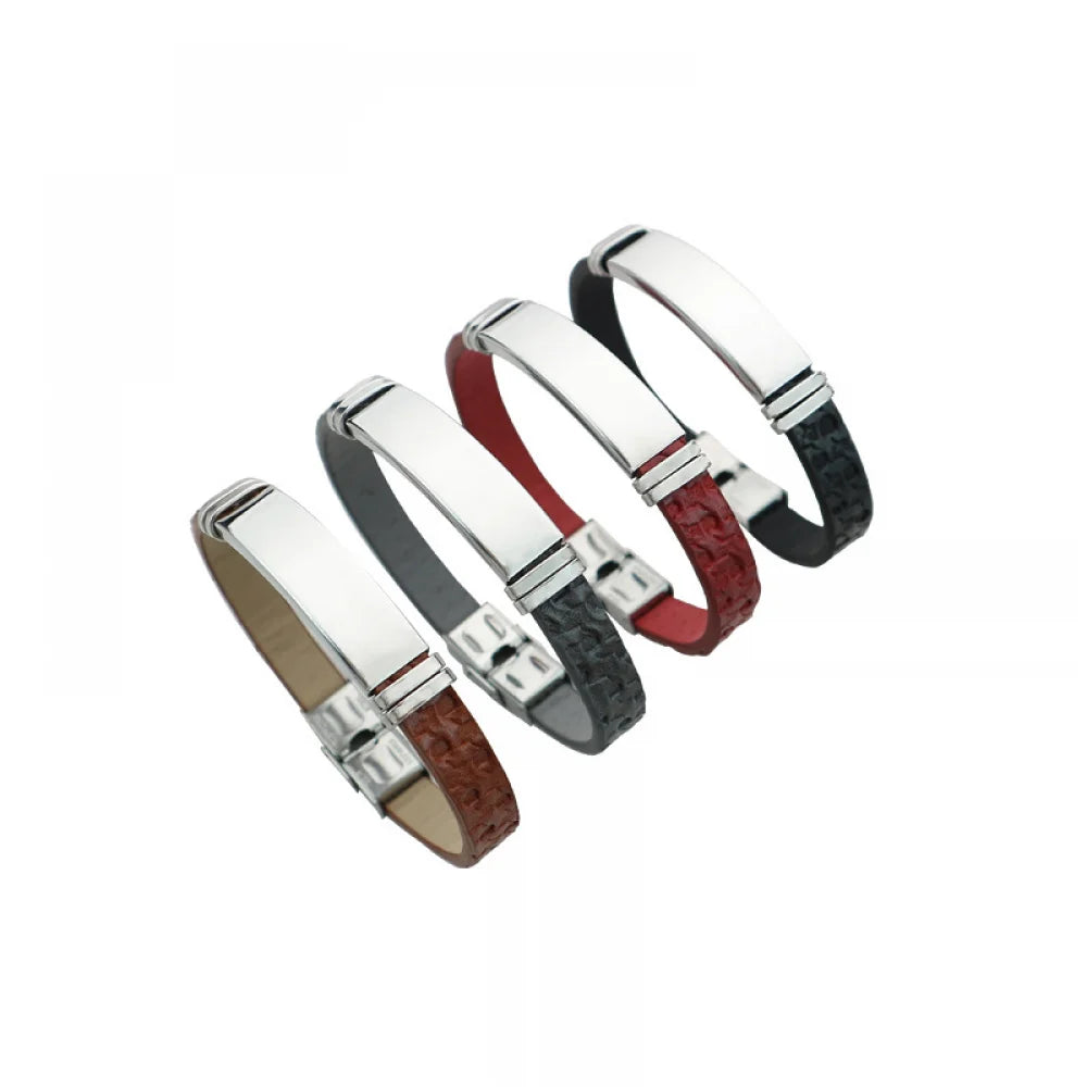High Quality Personalized Name Diy Jewelry Blank Bar Custom Logo Leather Stainless Steel Bracelet Men