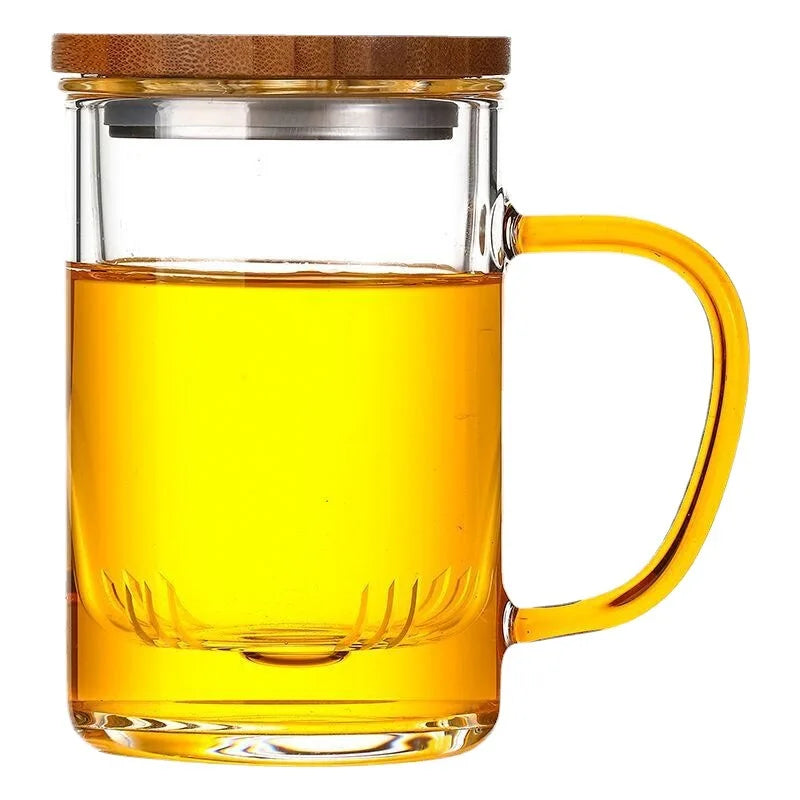 Personalized 350ml 12oz Transparent Glass Tea Infuser Mug with Bamboo Lid Coffee Tumbler and Filter Glass Cups