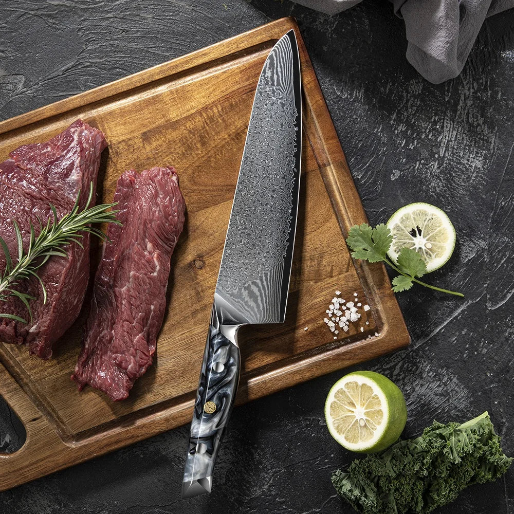Amber New Acrylic Resin Handle Japanese Hitachi SKD11 Damascus Steel Professional Chef Knife 62 HRC Hardness Kitchen