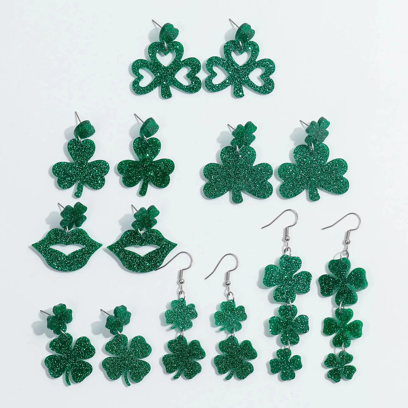 Simple Geometric Cut Jewelry Earrings Green Four-leaf Clover Lucky Accessory Glitter Hollow Exaggerated Lip Resin Long Earrin
