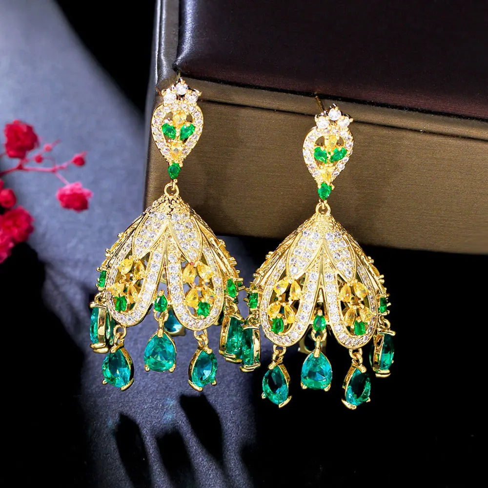 Indian Gold Plated Jhumka Jewelry Big Traditional Pave Green CZ Cubic Zirconia Drop Tassel Earrings for Women Evening Party W
