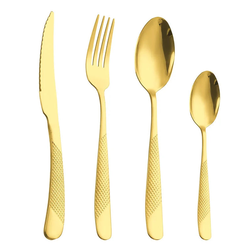 Hot Selling Embossed Handle Stainless Steel 4Pcs Gold Cutlery Knife Fork Spoon Silverware Wedding Flatware