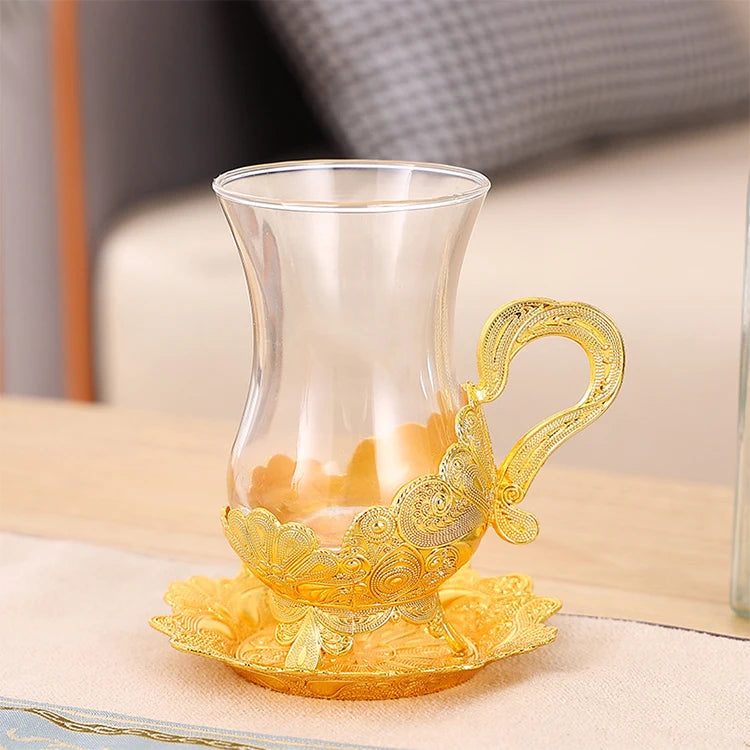 Home Decoration Wedding Party Luxury Gold Arabic Tea Cup Turkish Glass Coffee Cup Set with Metal Holder