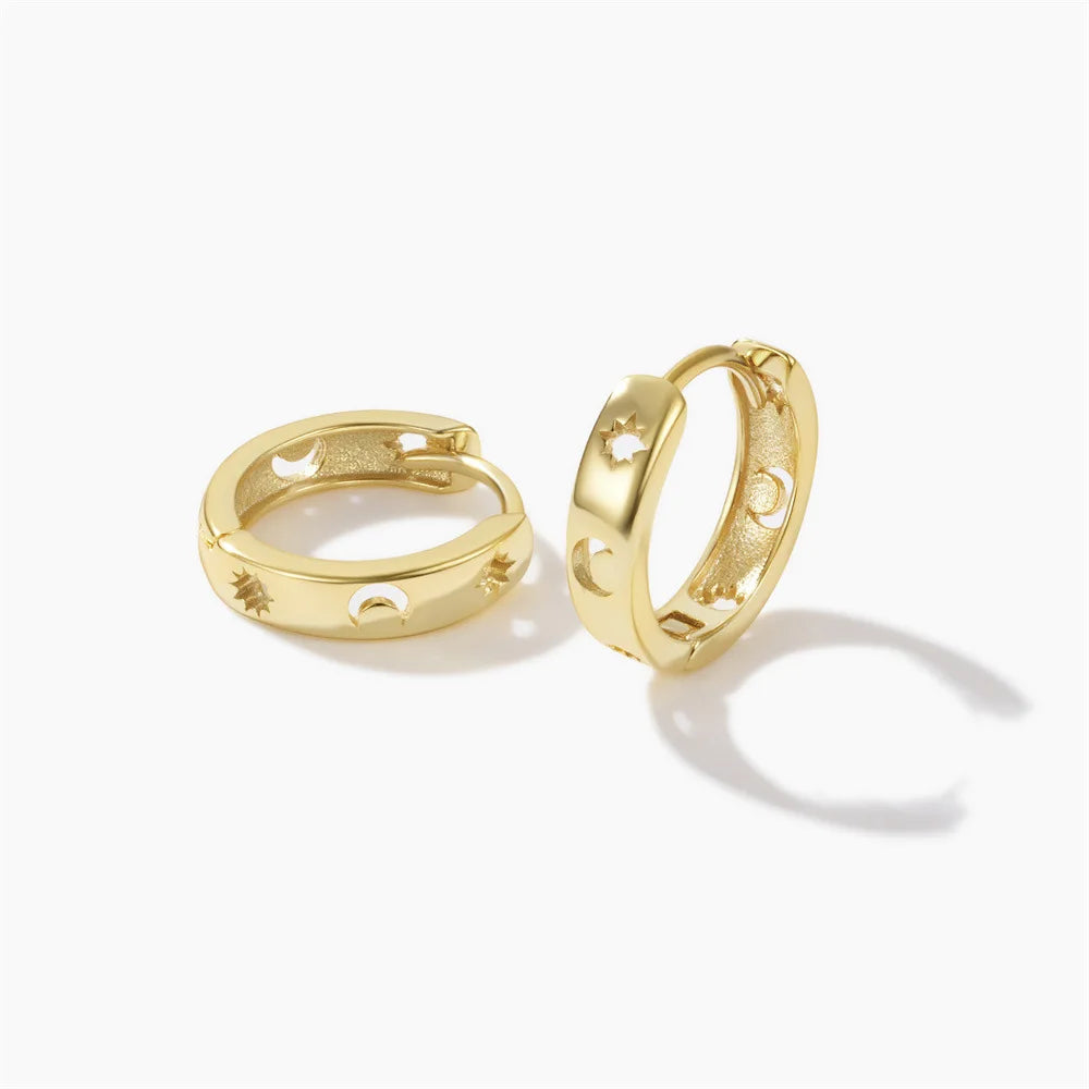 Fashion Jewelry 925 Sterling Silver Earrings Geometric Hollow Moon Star Gold Plated Hoop Earrings for Women