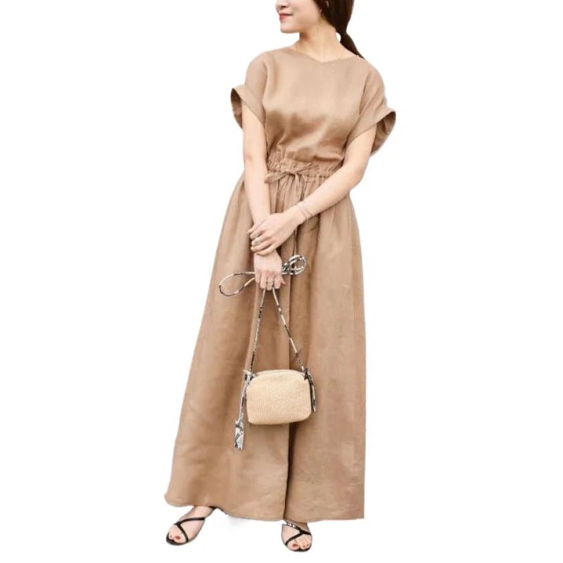 Liu Ming Trend Products Korean Fashion Short Sleeve Simple Solid Color Linen Loose Maxi Dress