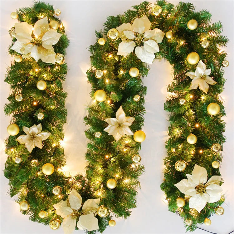 2.7m Christmas Led Rattan Garland Decorative Green Christmas Garland Artificial Xmas Tree Rattan Banner Decoration Wreath