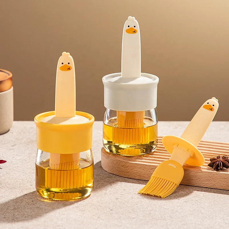 Cute 2-in-1 Barbecue Brush With Glass Oil Bottle Kitchen Oil Bottle for Cooking Pancake Tool Dispenser Oil Bottle With Brush
