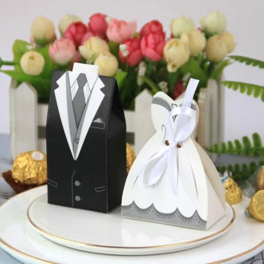 Kitchenware Brand Bride and Groom Paper Candy Boxes Model H-1112 for Bridal Shower Decorations and Dress/Tuxedo Favors