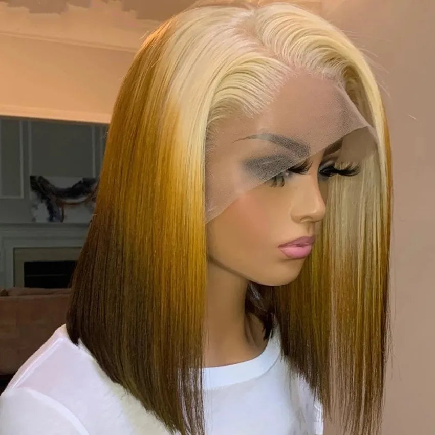 Hot 12A Grade Ombre 3 Tone Yellow Color Short Bob Wig European Human Hair HD Swiss Lace Front Wigs