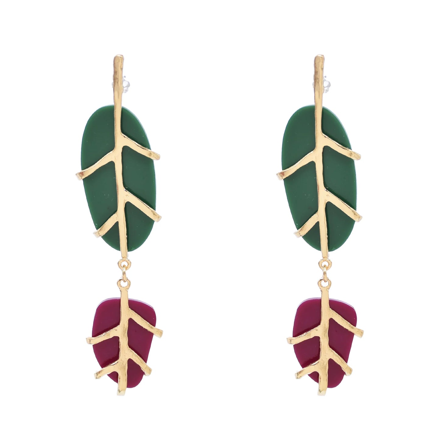 Colored Stone Pendant Earrings Cute Metal Leaf Earrings Unique Chic Jewelry