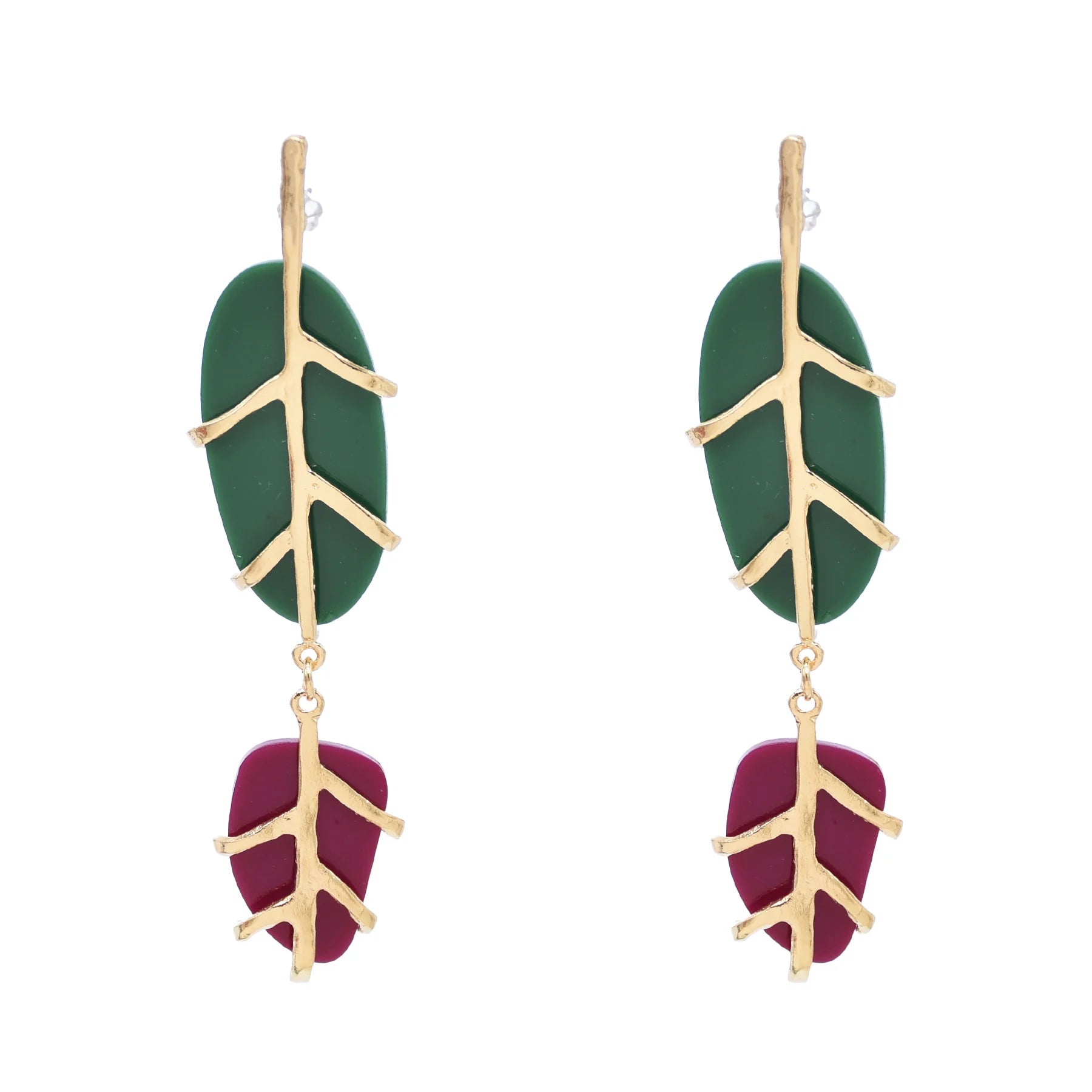 Colored Stone Pendant Earrings Cute Metal Leaf Earrings Unique Chic Jewelry
