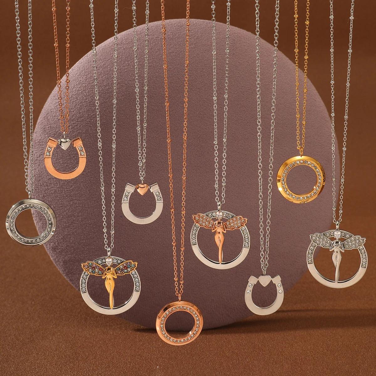Luxury 316L Stainless Steel Jewelry Satellite  Chain with Zircon and Angel Horseshoe Pendant for Anniversary