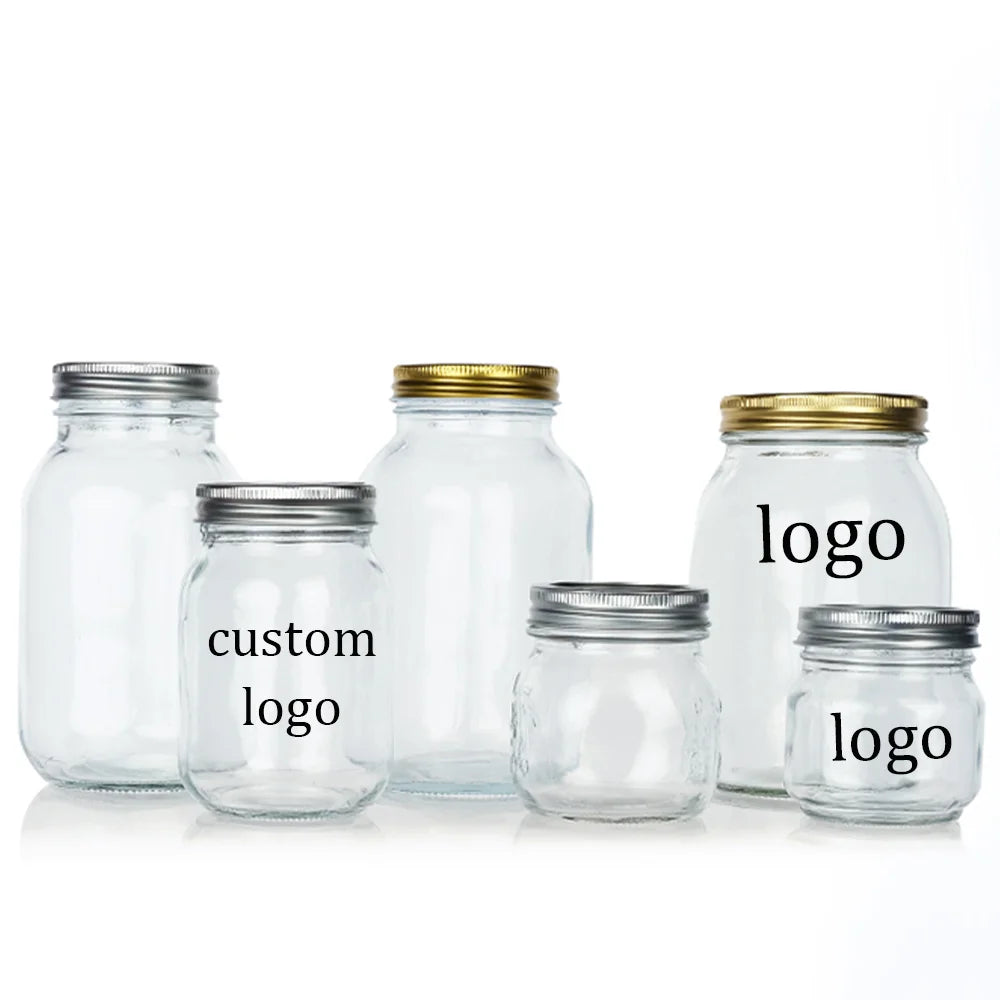 Custom Logo 4oz 8oz 12oz 16oz 32oz Silkscreen Printing Clear Food Storage Wide Mouth Glass Mason Jar With Metal Screw Lid