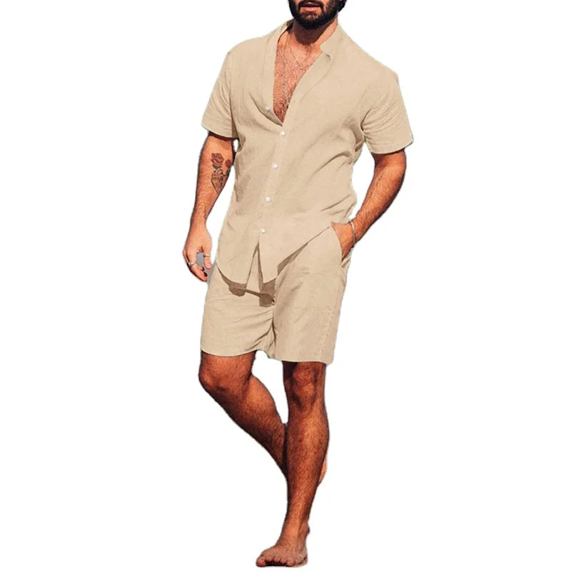 RNSHANGER New Men's Shirts Suit Casual Short Sleeve Solid Color Beach Two-piece Set Daily Breathable Male Shirt Short Set