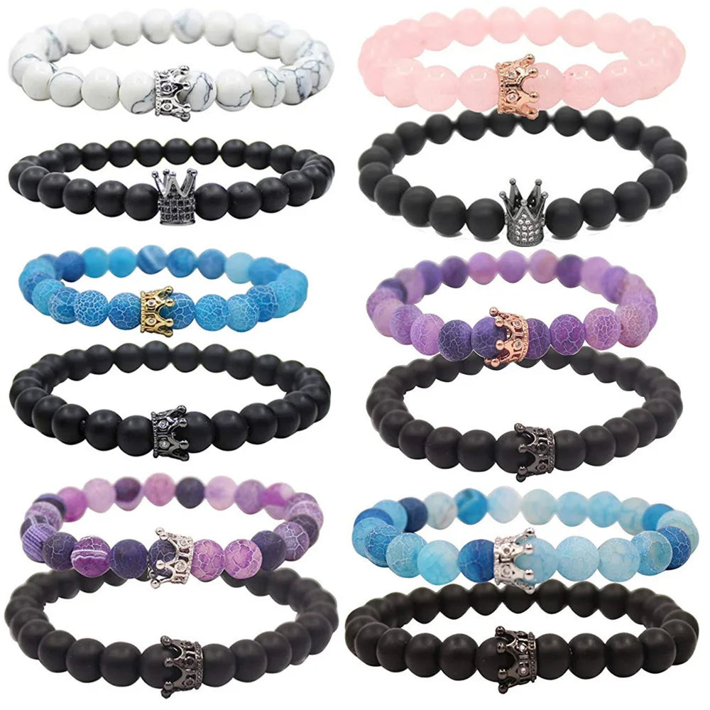2pcs Set Elastic Stretch 8mm Pearl Stone Bead Fashionable King Queen Crown Parties Distance His Her Friendship Couple Beads