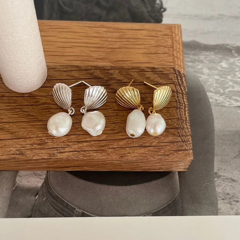 Vintage Irregular Shell Shaped Freshwater Pearl Stud Earrings Wholesale 925 Sterling Silver Jewelry Gifts