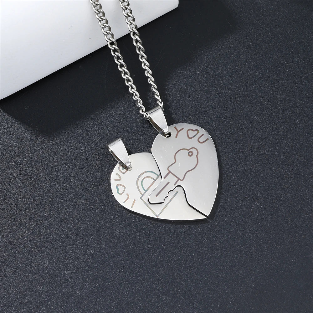 Split Heart Lock & Key Pendant Couple Necklace Romantic Stainless Steel Necklace