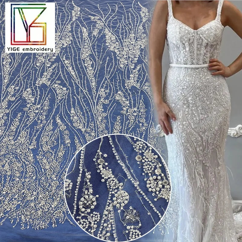 Women Luxury Beaded Evening Dress Lace With Sequin White Pearl Tulle Beads Mesh Embroidery French Bridal Lace Fabric
