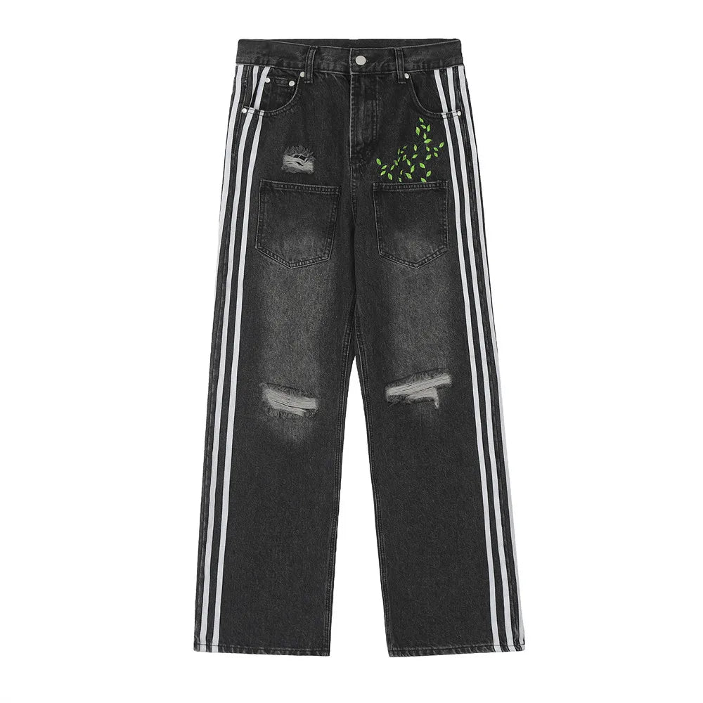 New Arrival Custom Men's Denim Black Pants Side Metal Wide Leg LOGO Denim Straight Jeans 100% Cotton Breathable Spring Button