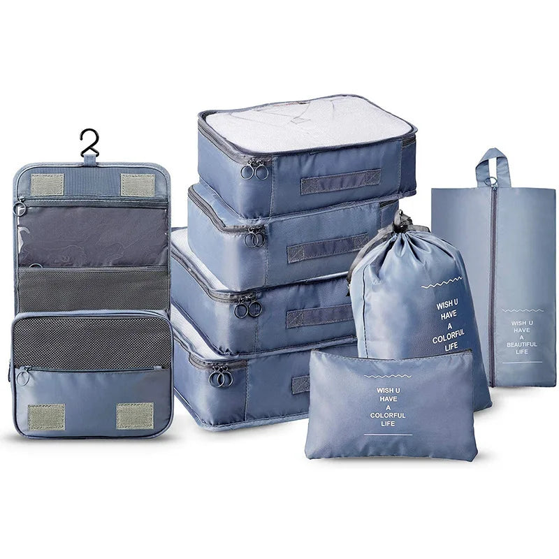 Custom Logo Waterproof Travel Packing Cubes Travel Portable Luggage Organizer Bag 8 Pcs Set With Toiletry Bag Storage Bag