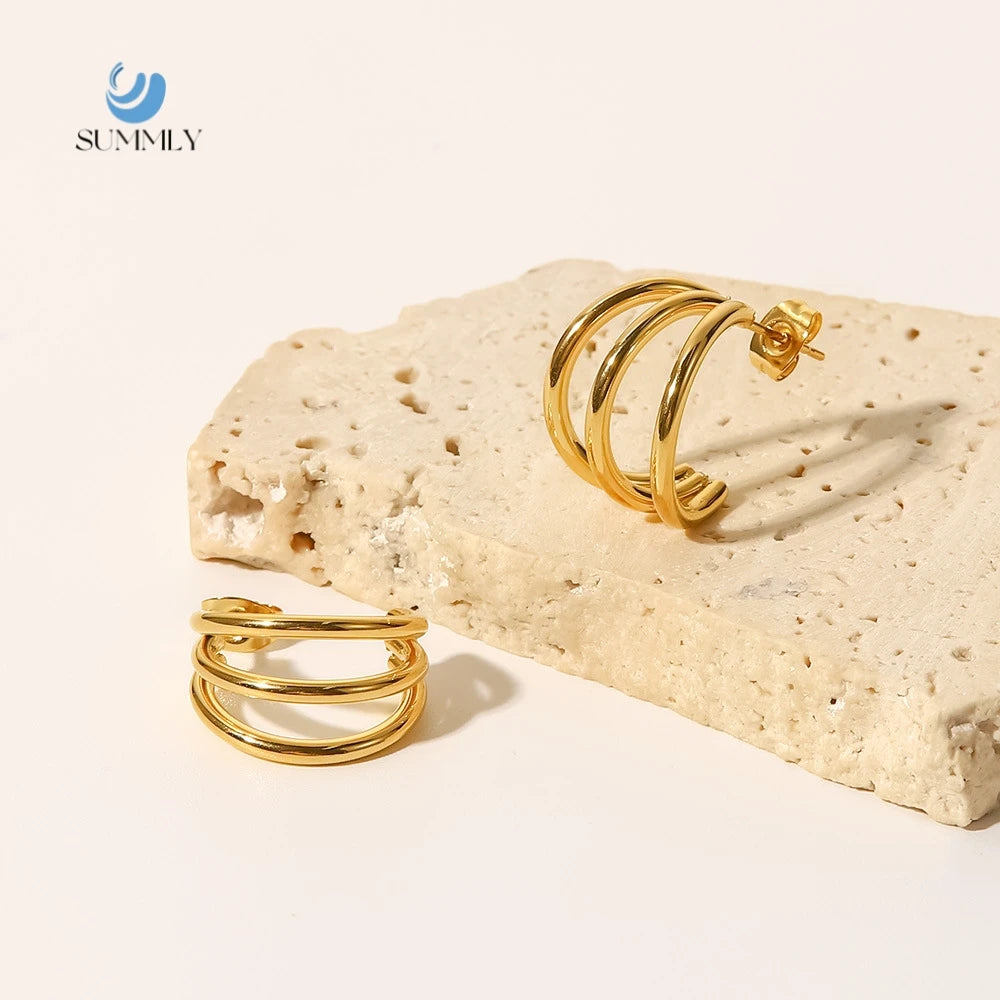 SUMMLY Vintage Geometric 18K Gold Plated Silver Stainless Steel Three Layer Hoop Earring Fashion Jewelry