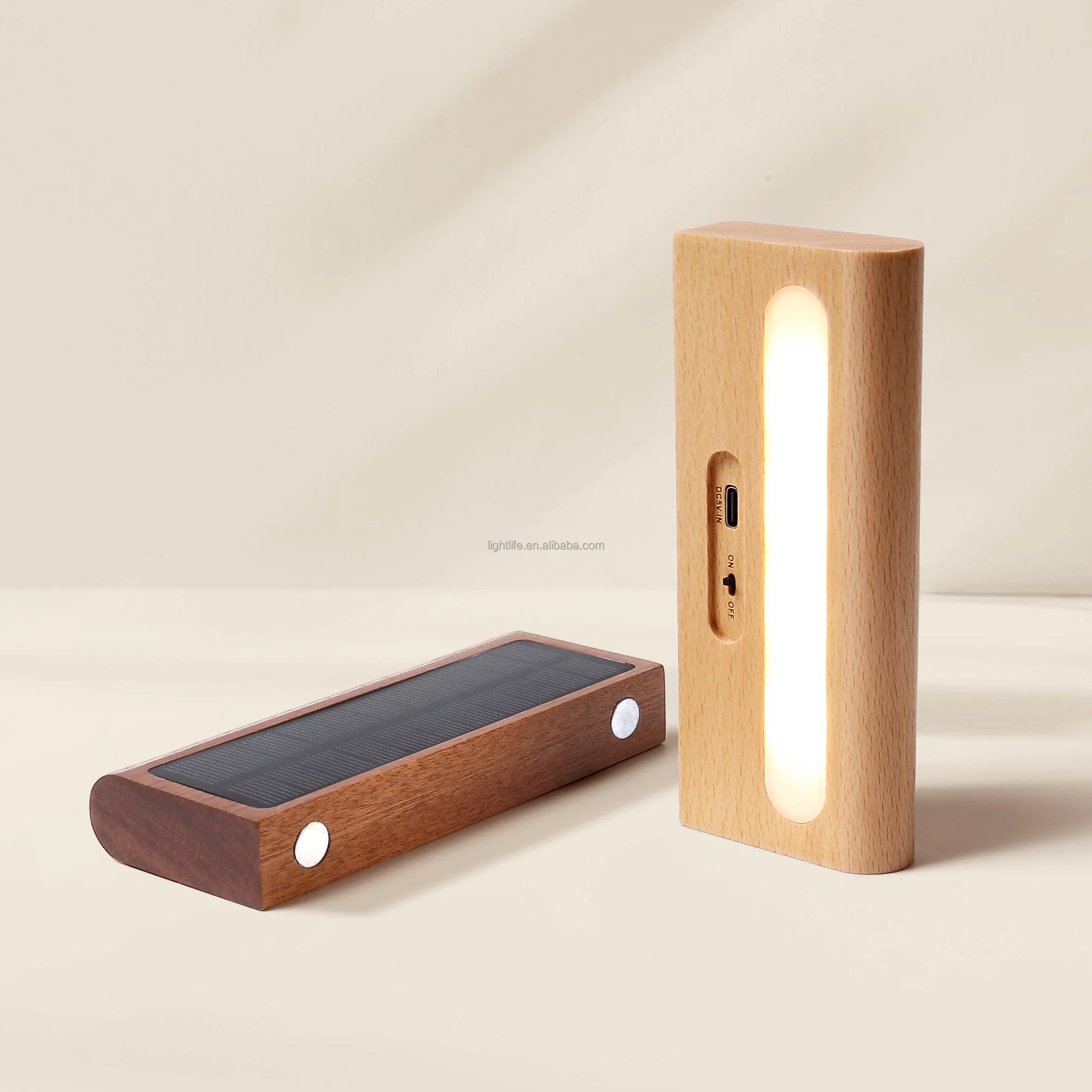 Solar & USB Rechargeable LED Wall Light Wooden Indoor Wall Lamp with Magnetic Installation for Bedroom Hallway Stairs