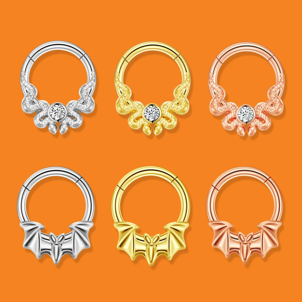 16G 316L Surgical Steel Gothic Snake & Bat CZ Septum Clicker Ring Hypoallergenic Nose Piercing Jewelry