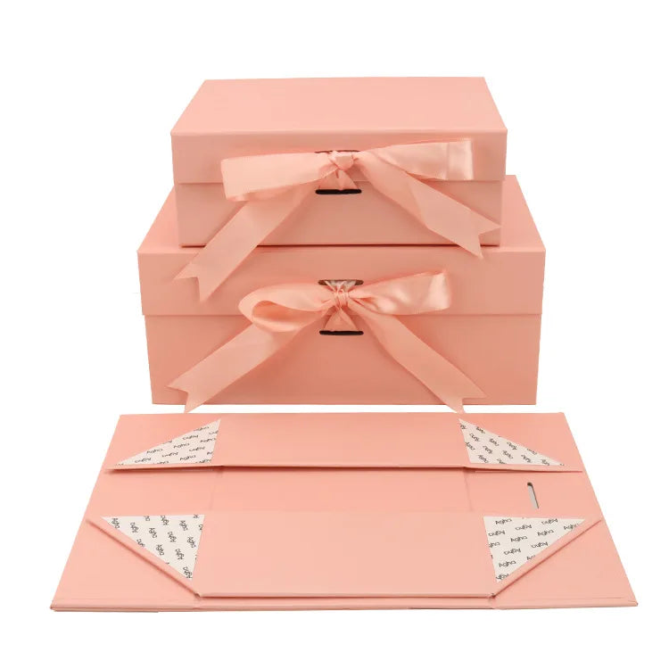 Custom Logo Pink Cardboard Luxury Rigid Magnetic Gift Boxes with Matt Lamination Recyclable Packaging and Ribbon Closure