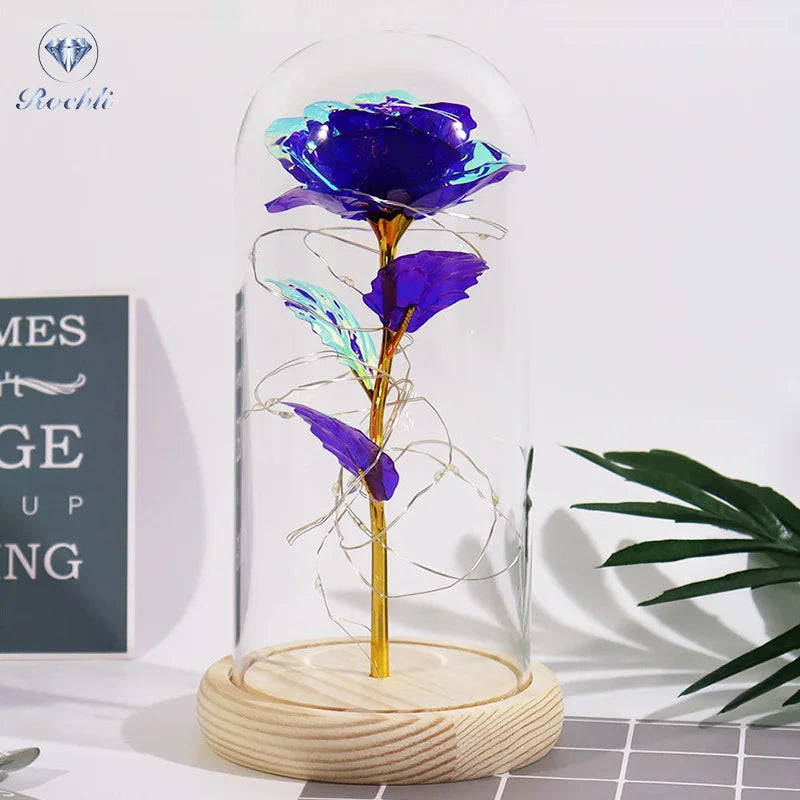 Creative Hot Sale Golden Rose Led Lamp 24k Gold Foil Rose in Acrylic Dome Decorative Flowers With Lights Valentine's Day Gift