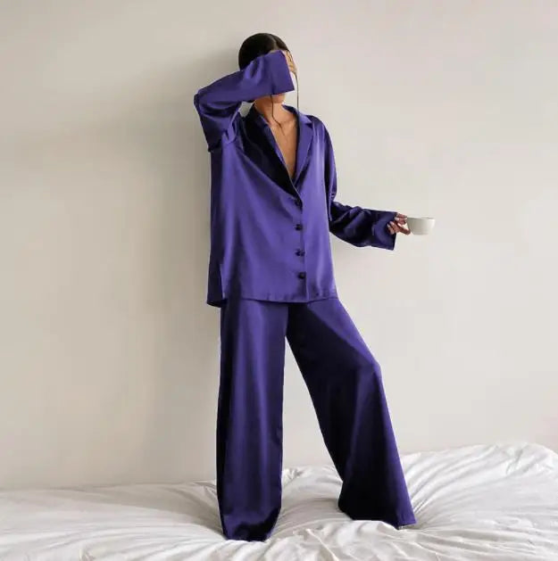 Wholesale Sleepwear Silk Satin Two Piece Pajamas Womens Long Sleeve Nightgown Comfortable Loungewear Pajamas Sets