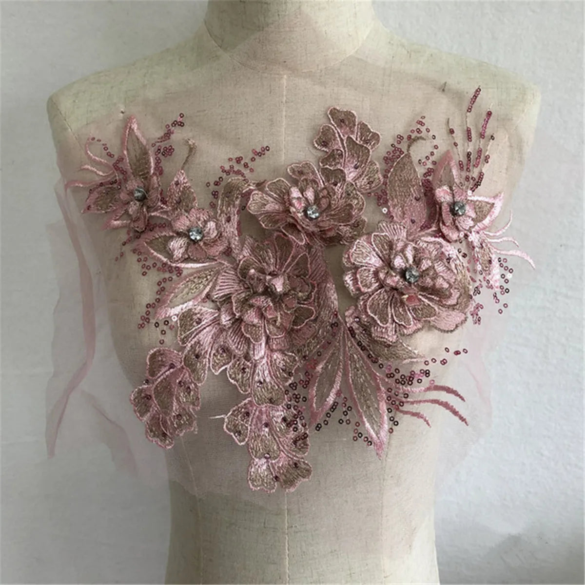 Sequins Flower Embroidery Applique Beaded Bridal Collar Neckline Lace Tulle Trim Wedding Decor