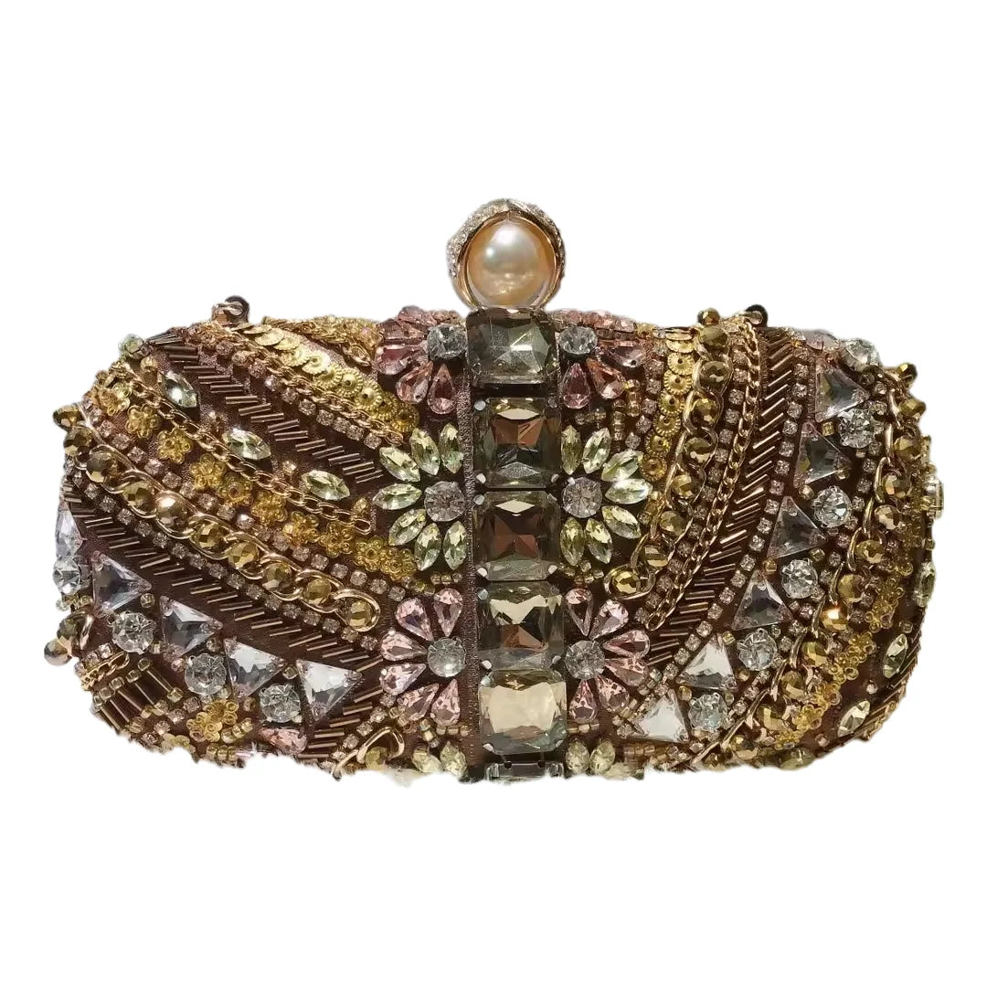 Hot Sale Mother Day Gift Coffee Color Handbag Hand-Embroidered Bead Clutch Birthday Party Bag Ladies Premium Purse Evening Ba