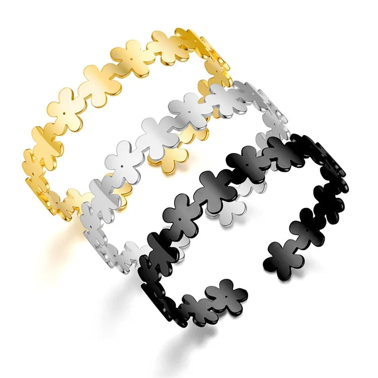 2025 New Simple Stainless Steel Bracelet Open Adjustable Flower Bracelet for Girls