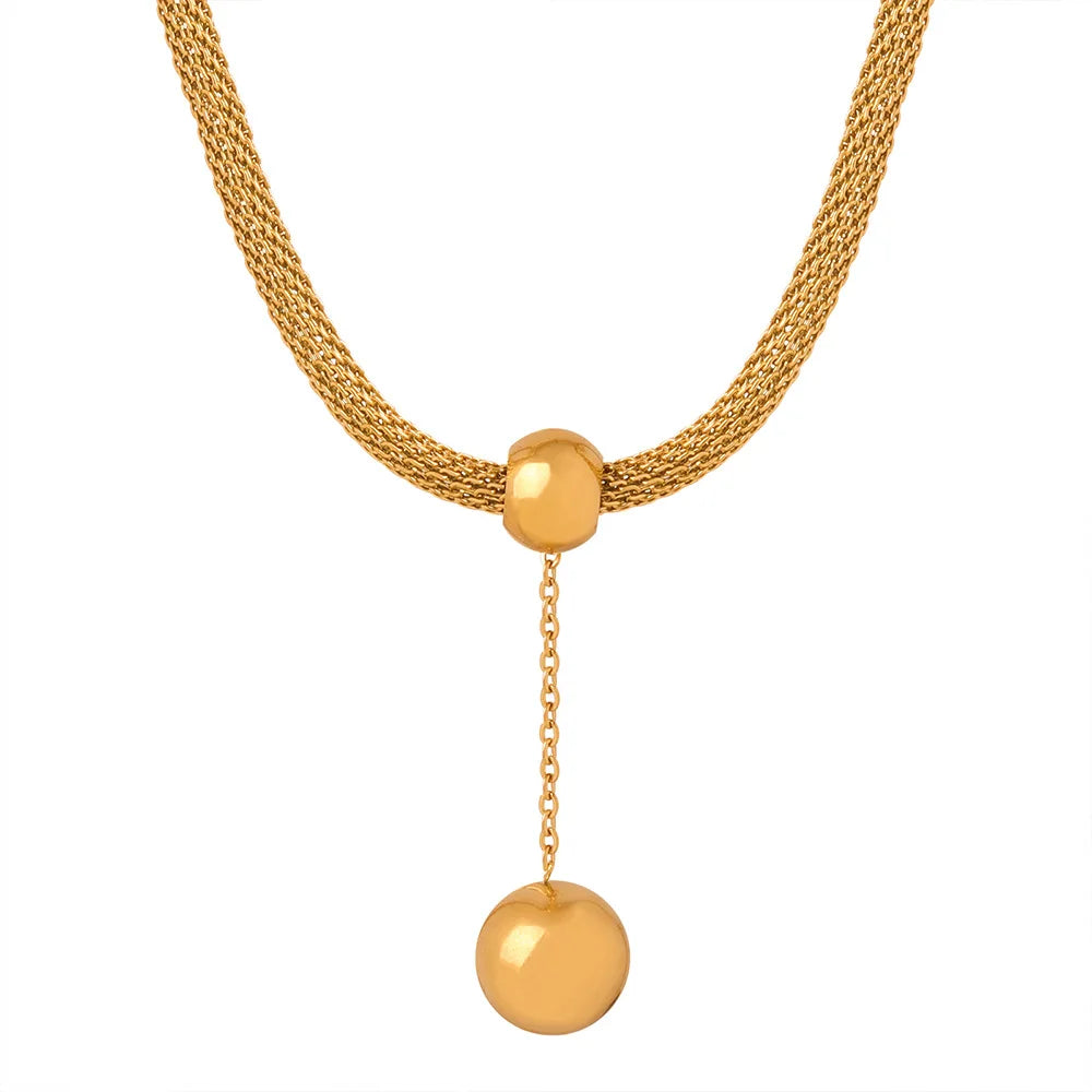 Minimalist Elegant Geometric Tassel Ball Pendant Necklace Waterproof Woven Chains Gold Plated Stainless Steel Choker Necklace
