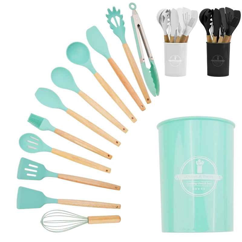 Professional Kitchen Tools Silicone Wood Cooking Utensils Set Home Appliance Eco-Friendly Dishwasher Safe Heat Resistant