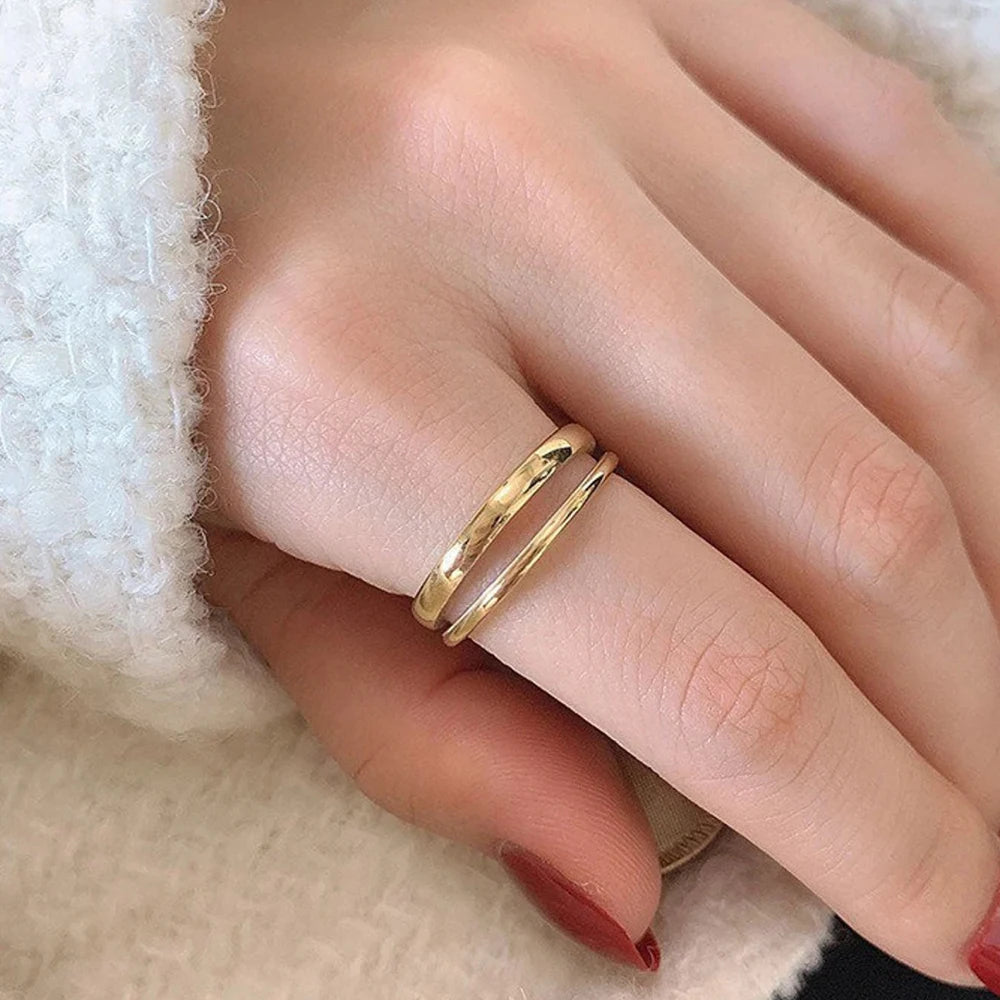 EManco New Classic Stainless Steel Double Layer 18k Plated Gold Adjustable Opening Engagement Ring Nickel-Free Women's Jewelr