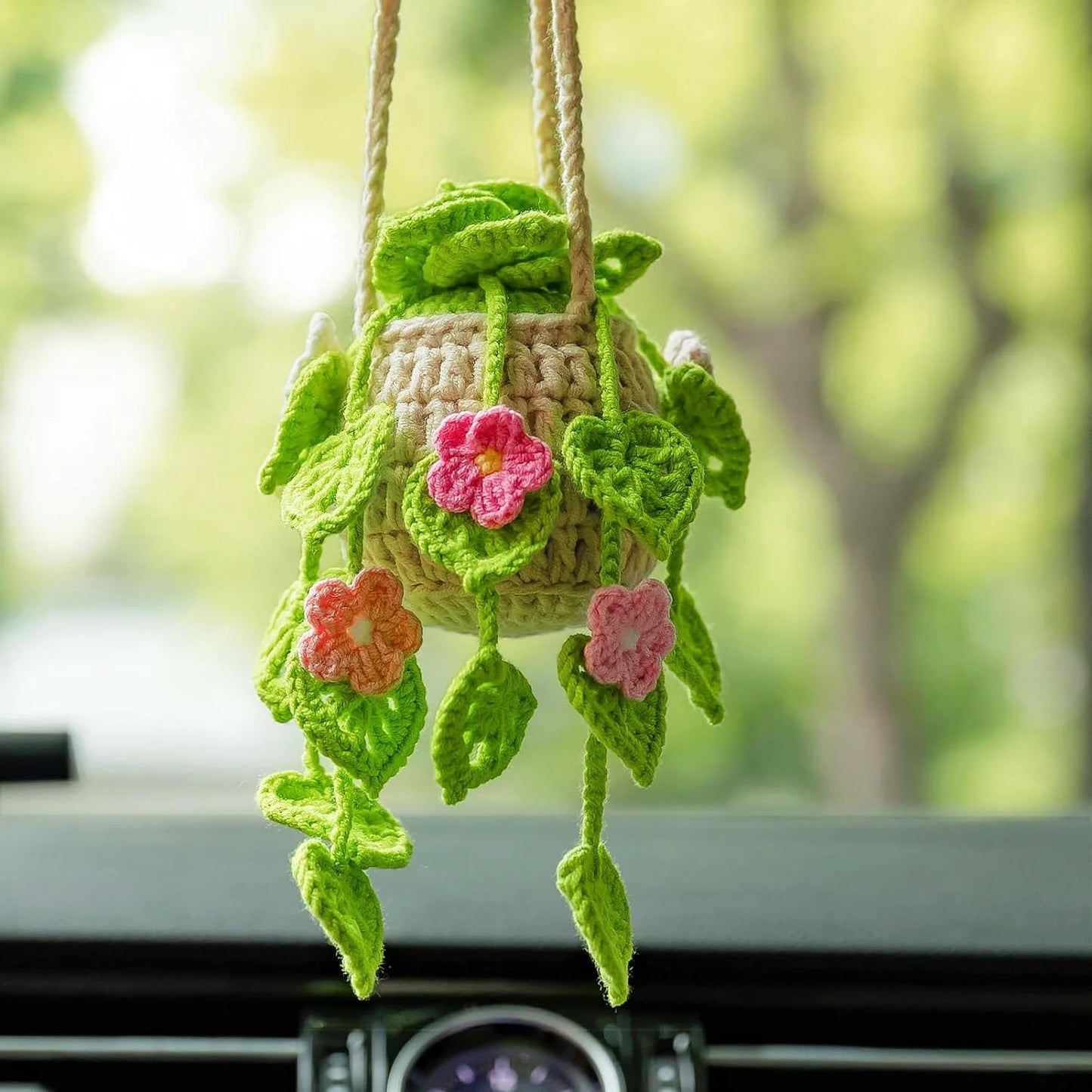 Cute Crochet Potted Plants with Handmade Knitted Mirror Accessories Car Rearview Mirror Decorative Cozy Woolen Hanging Orname
