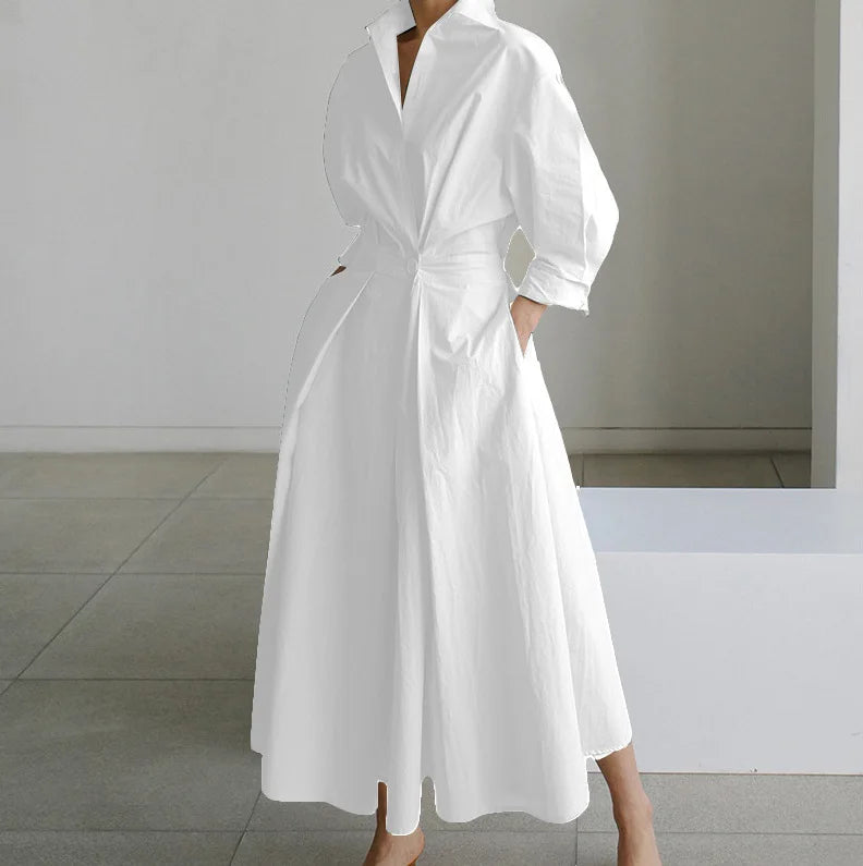 Long Sleeve Print Elegant Maxi Dresses for Women _ White Casual V Neck Shirt Party Long Dress Robe Femme