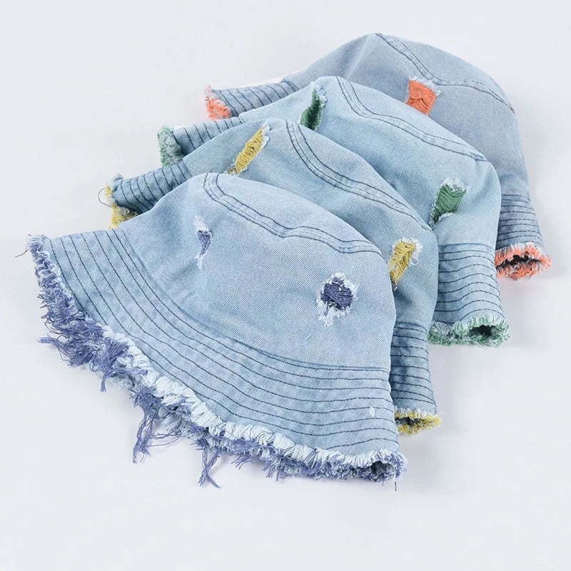 Summer Denim Distressed Ladies Summer Camp Hat Large Men Foldable Sun Cap Vintage Bucket Hat Custom logo