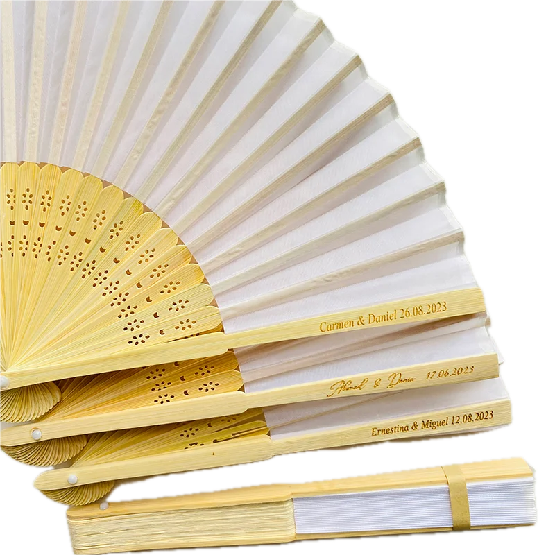 Cheap White Paper Hand Fan for Weddings Carved Bamboo Souvenir Gift for Guests with Personalized Names and LOGO
