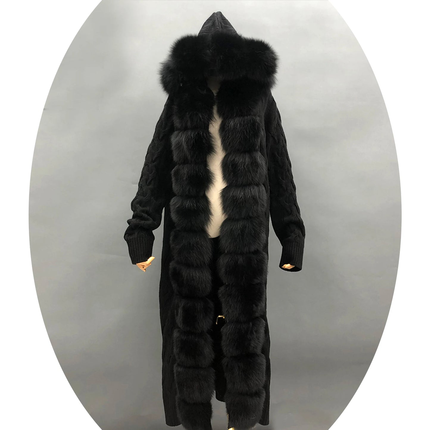 Long Ankle Length Women Knitted Cashmere Cardigan With Real Fox Fur Collar