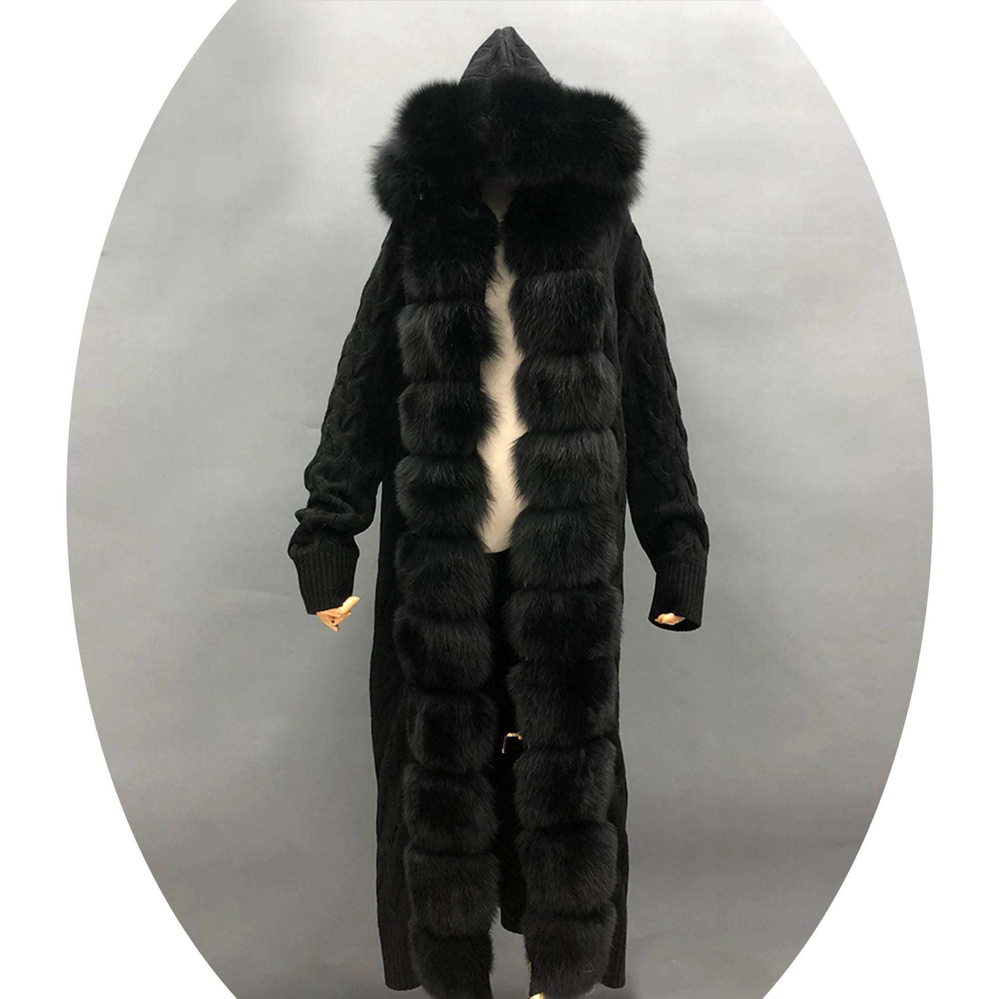 Long Ankle Length Women Knitted Cashmere Cardigan With Real Fox Fur Collar