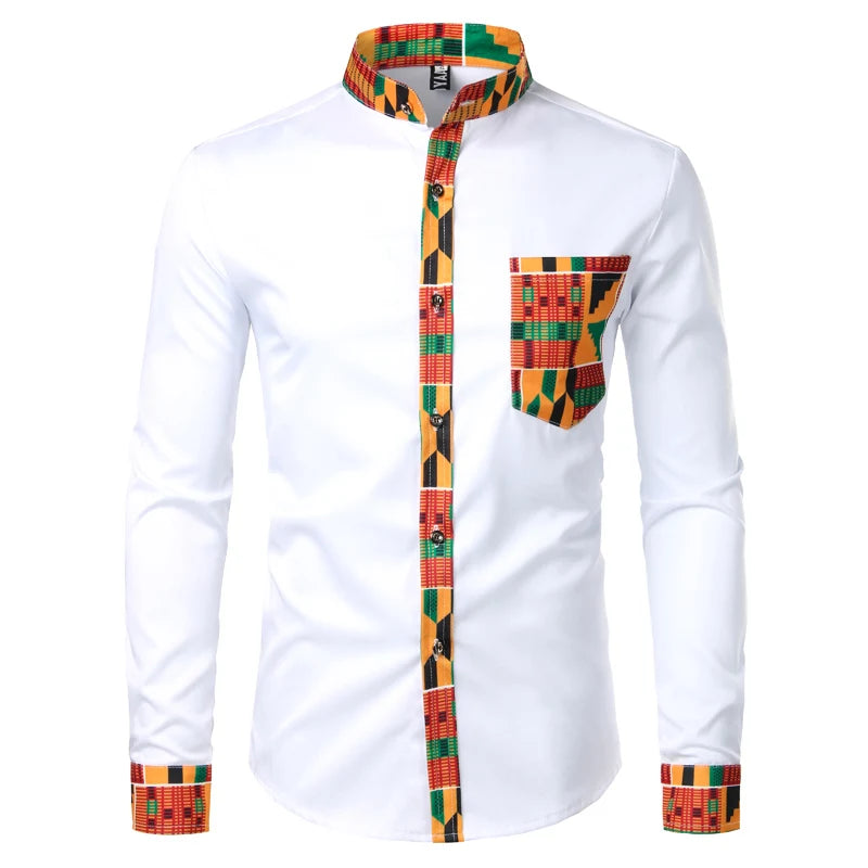 Dashiki African Mens Shirt Patchwork Pocket Africaine Print Shirt Men Ankara Style Long Sleeve Design Collar Mens Dress Shirt